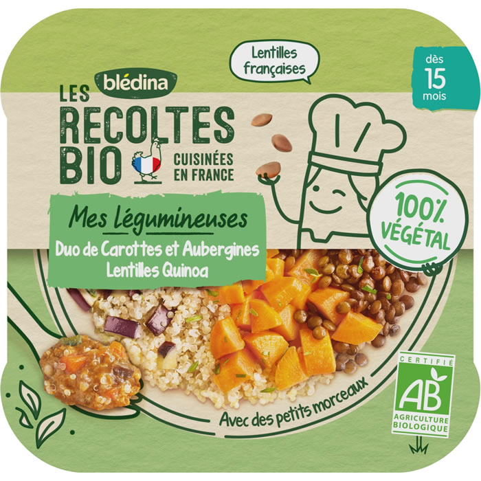 BLEDINA Les Récoltes Bio Carottes, aubergines, lentilles et quinoa bio dès 15 mois