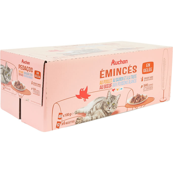AUCHAN Pâtée en gelée poulet, bœuf, saumon, truite pour chat adulte