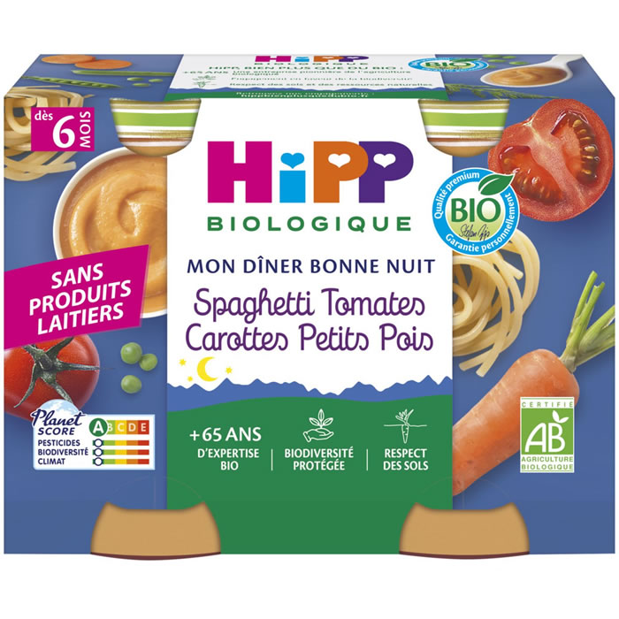HIPP Mon dîner bonne nuit Spaghetti à la tomates, carottes, petits pois dès 6 mois bio