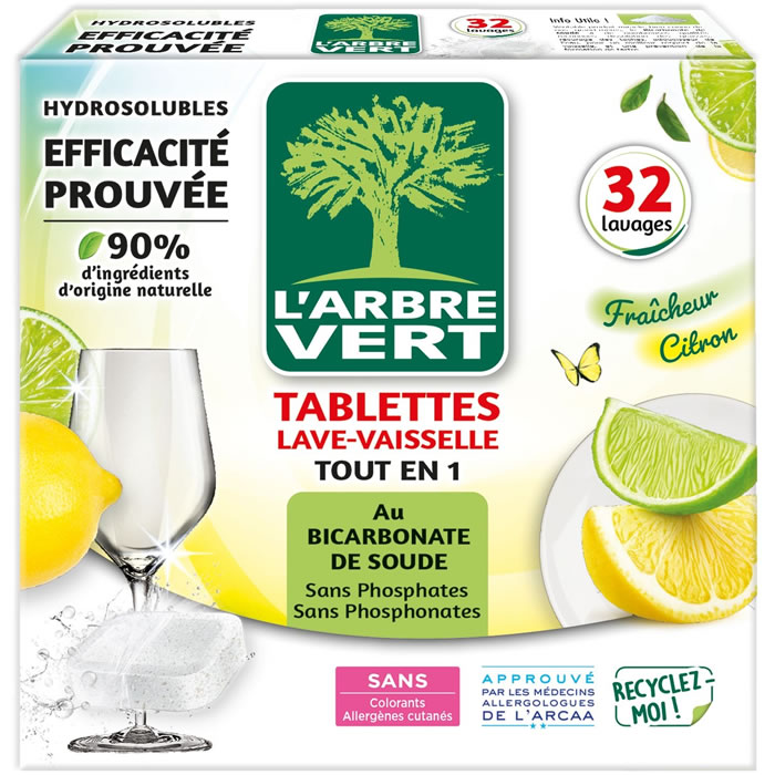 L'ARBRE VERT Tout-En-1 Tablettes lave-vaisselle au bicarbonate et citron