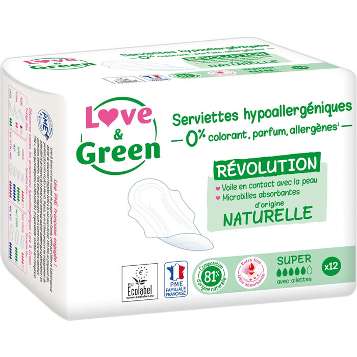 LOVE & GREEN Serviettes hygiéniques avec ailettes hypoallergénique  super