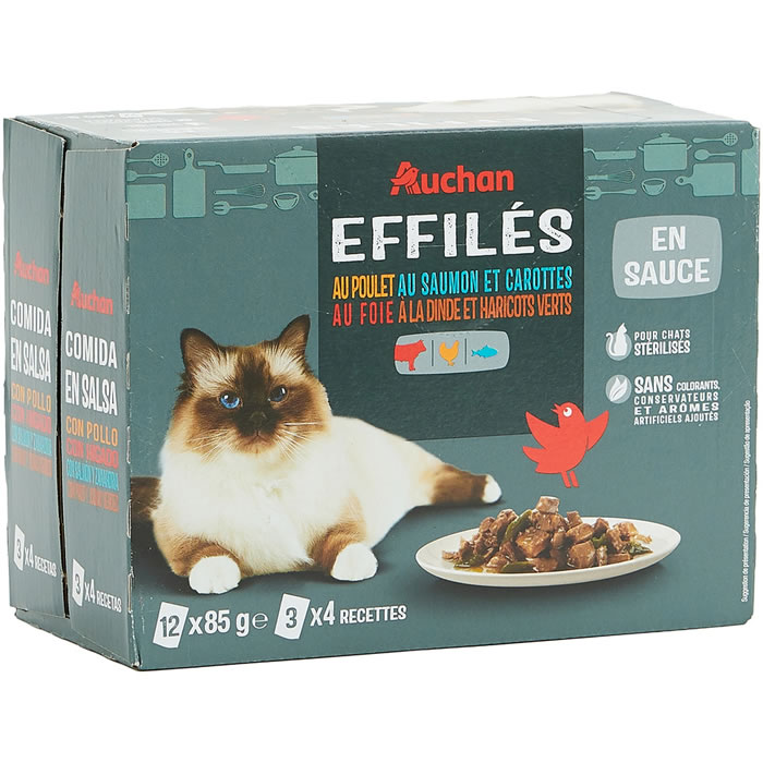AUCHAN Effilés pour chat stérilisé à la volaille, légumes et saumon