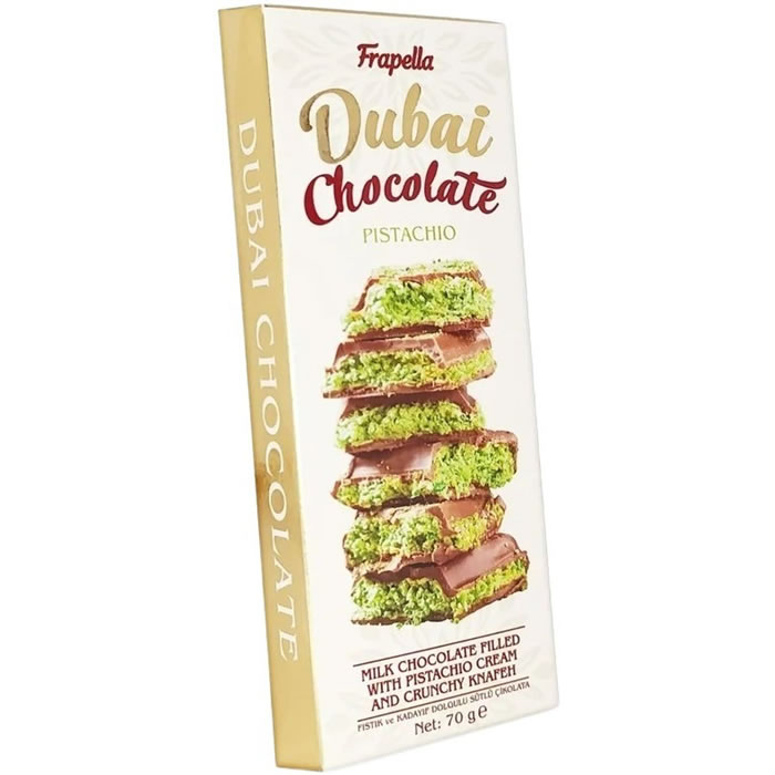 FRAPELLA Dubaî Tablette de chocolat au lait à la pistache et knafeh