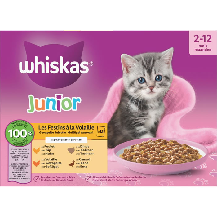 WHISKAS Pâtée en gelée volaille, canard pour chaton