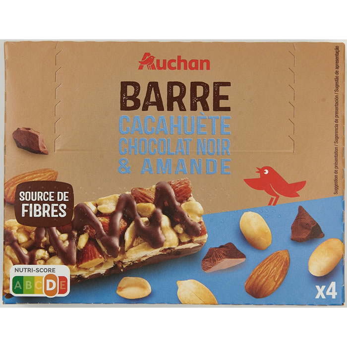 AUCHAN Barres céréalières aux cacahuètes, chocolat noir et amandes