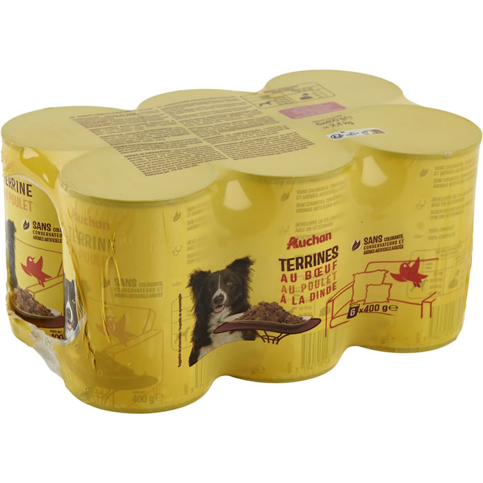 AUCHAN Terrine au boeuf, poulet et à la dinde pour chien