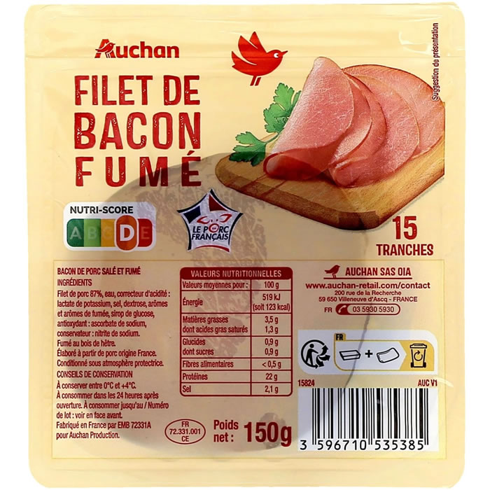 AUCHAN Filet de bacon fumé