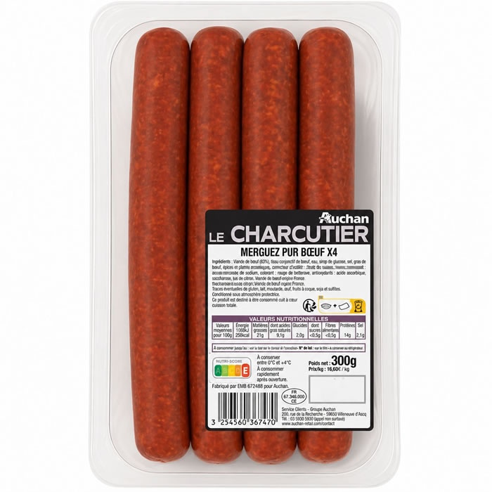 AUCHAN Le Charcutier Merguez pur boeuf