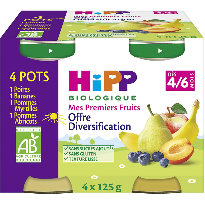 HIPP Assortiment de 4 pots de fruits bio dès 4 mois
