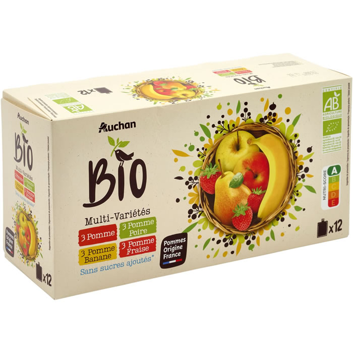 AUCHAN Dessert pomme, poire, banane fraise sans sucres ajoutés bio