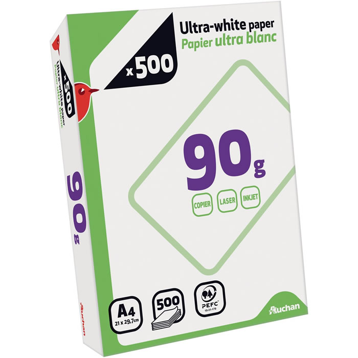 AUCHAN Ramette de papier ultra blanc 500 feuilles A4 90 g