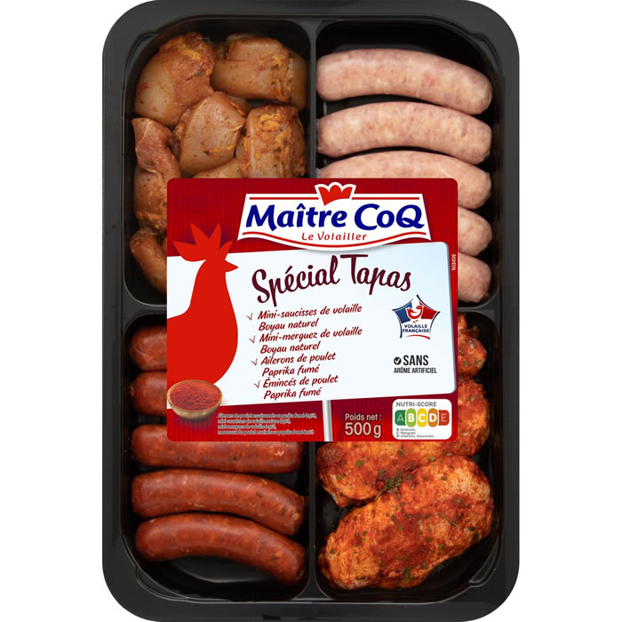 MAITRE COQ Spécial Tapas Assortiment de mini-saucisses, mini merguez, et poulets