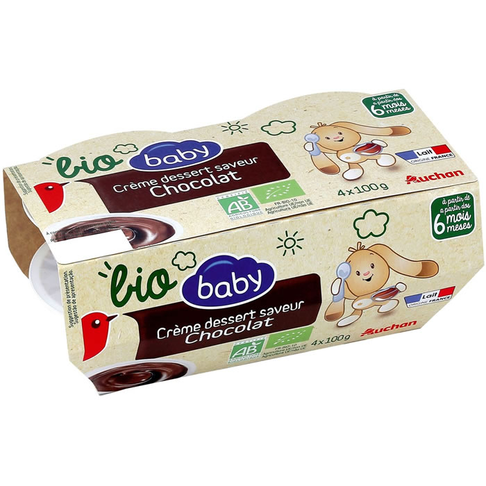 AUCHAN Baby Dessert lacté bio au chocolat dès 6 mois