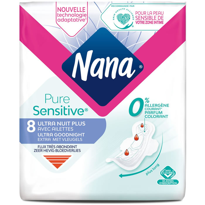 NANA Pure Sensitive Serviettes hygiéniques avec ailettes ultra nuit +