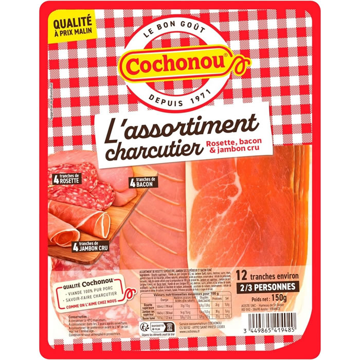 COCHONOU Plateau de jambon cru, rosette et bacon en tranche