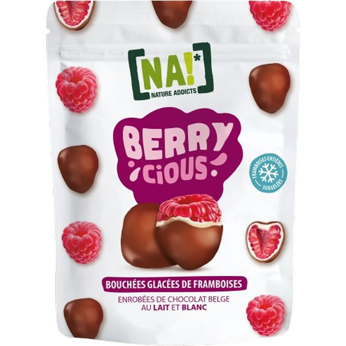 N.A! Berrycious Framboises glacées enrobées de chocolat au lait et blanc
