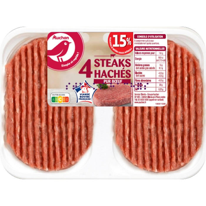AUCHAN Steaks hachés pur boeuf 15% M.G