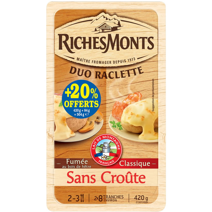 RICHES MONTS Duo Fromage à raclette nature et fumée sans croûte