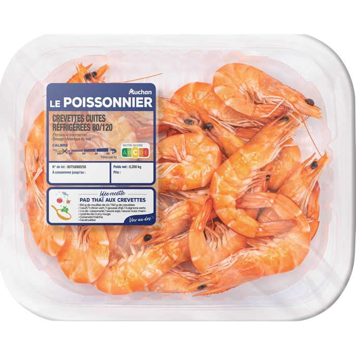 AUCHAN Le Poissonnier Crevettes entières cuites 80/120