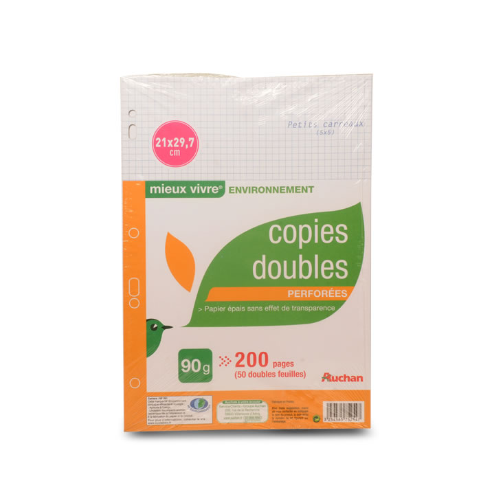 AUCHAN Copies doubles perforées 21x29,7cm petits carreaux
