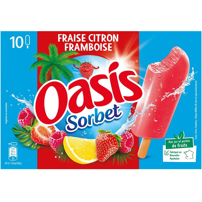 OASIS Bâtonnets sorbets glacés fraise, framboise et citron