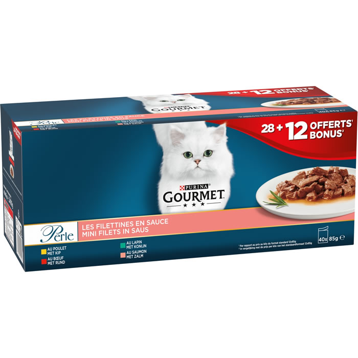 PURINA Gourmet Filettines en sauce au bœuf, poulet, lapin, saumon pour chat