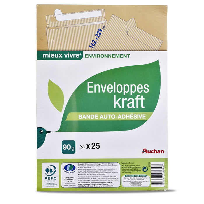 AUCHAN MIEUX VIVRE Kraft Enveloppes auto-adhésives 162 x 229 mm