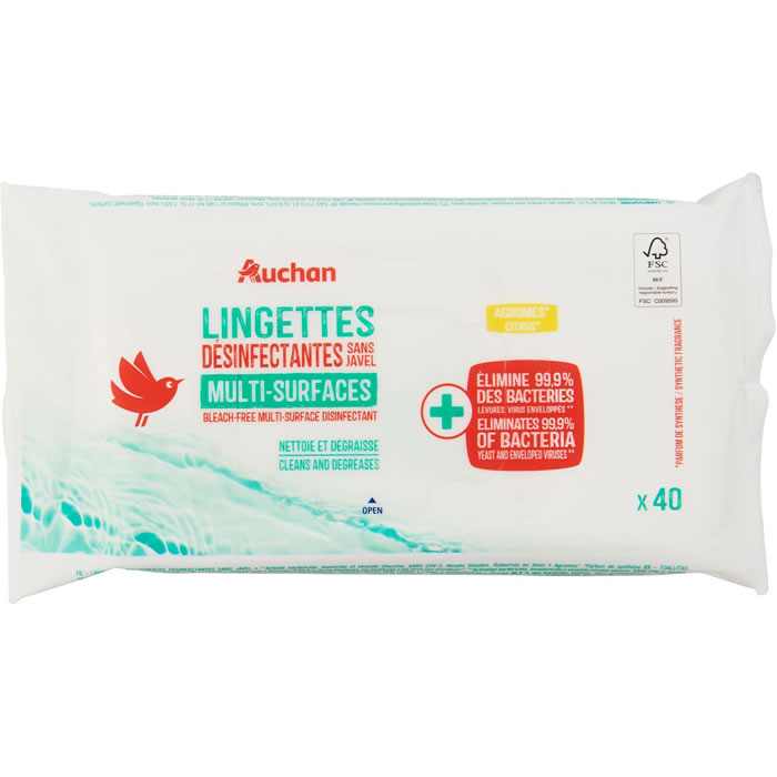 AUCHAN Lingettes nettoyantes multi-surfaces désinfectantes