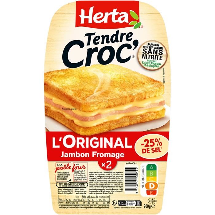 HERTA Tendre Croc' Croque-monsieur au jambon et fromage -25% de sel