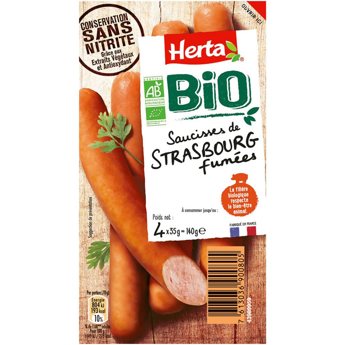 HERTA Saucisses de Strasbourg fumées Bio, sans nitrite