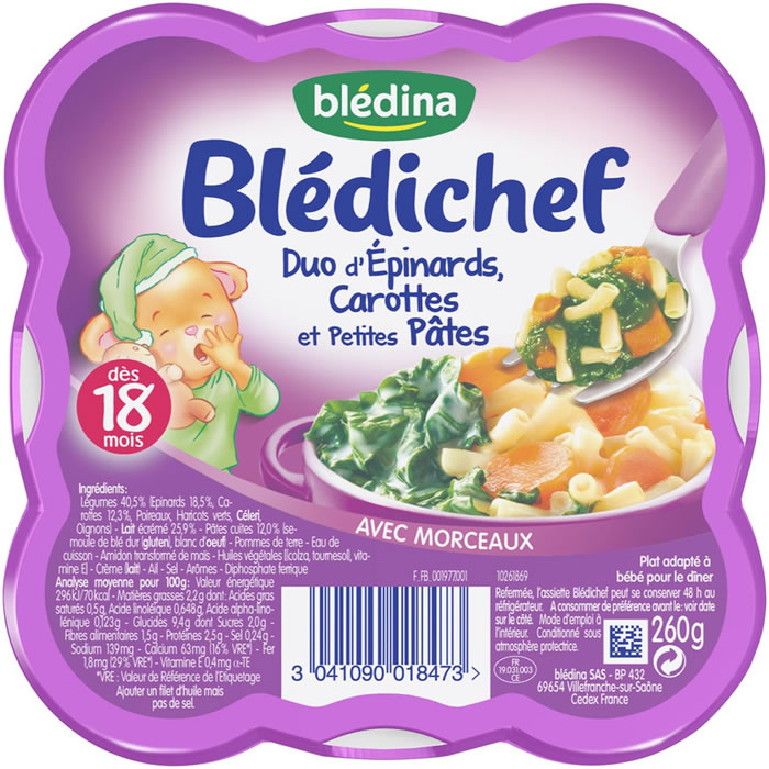 BLEDINA Blédichef Duo d'épinards, carottes et pâtes dès 18 mois