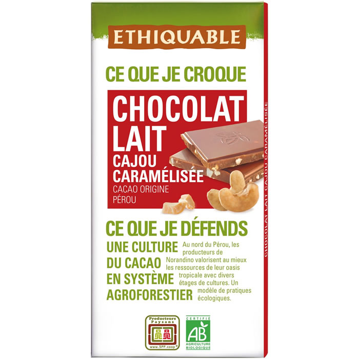 ETHIQUABLE Tablette de chocolat au lait aux noix de cajou bio