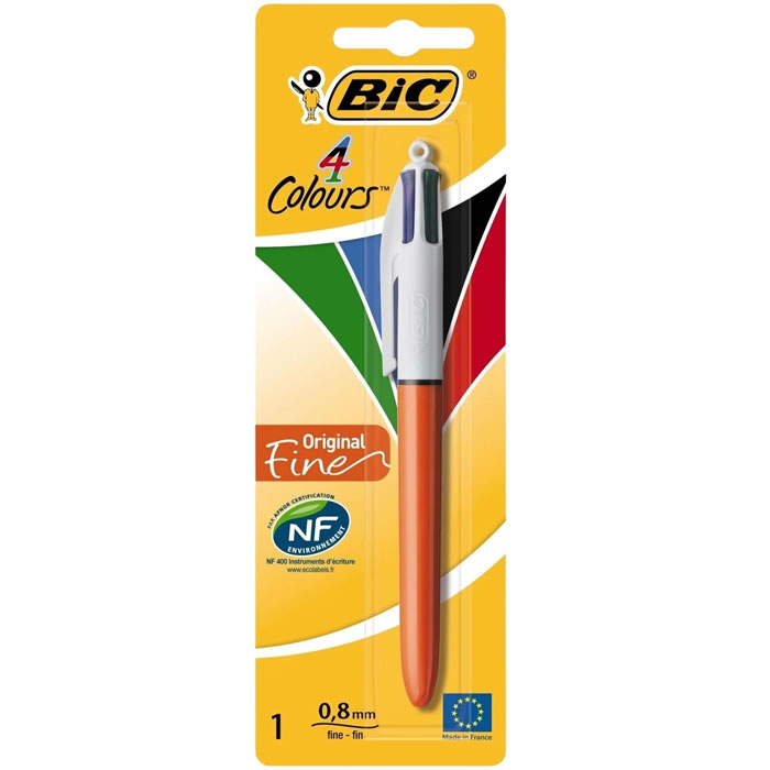 BIC 4 Couleurs Stylo bille pointe fine bleu, noir, rouge, vert