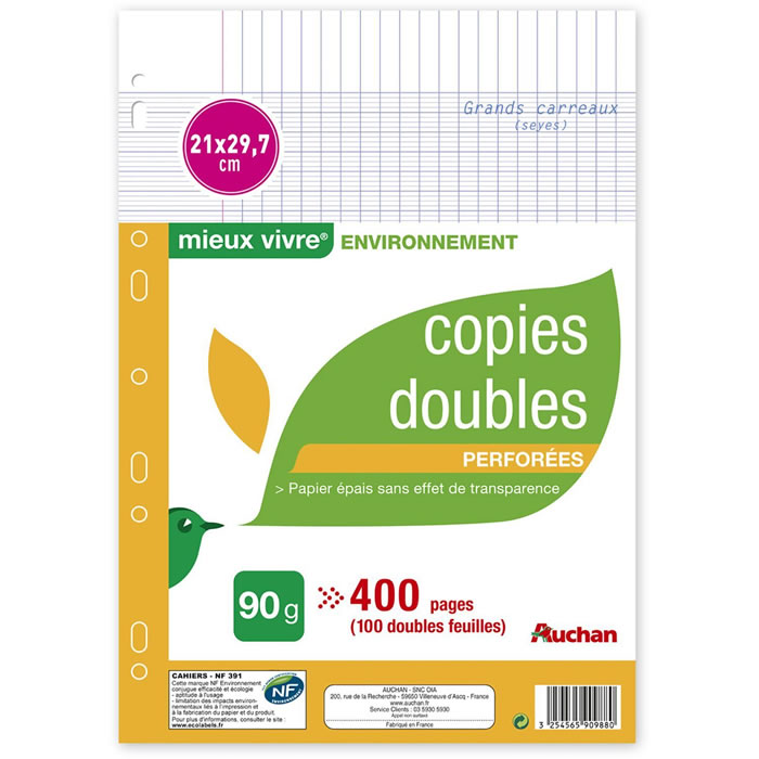 AUCHAN Mieux Vivre Copies doubles perforées 21 x 29,7 cm grands carreaux