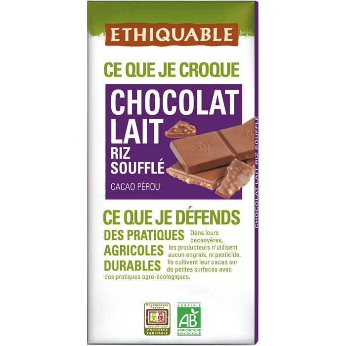 ETHIQUABLE Tablette de chocolat au lait aux céréales croustillantes bio