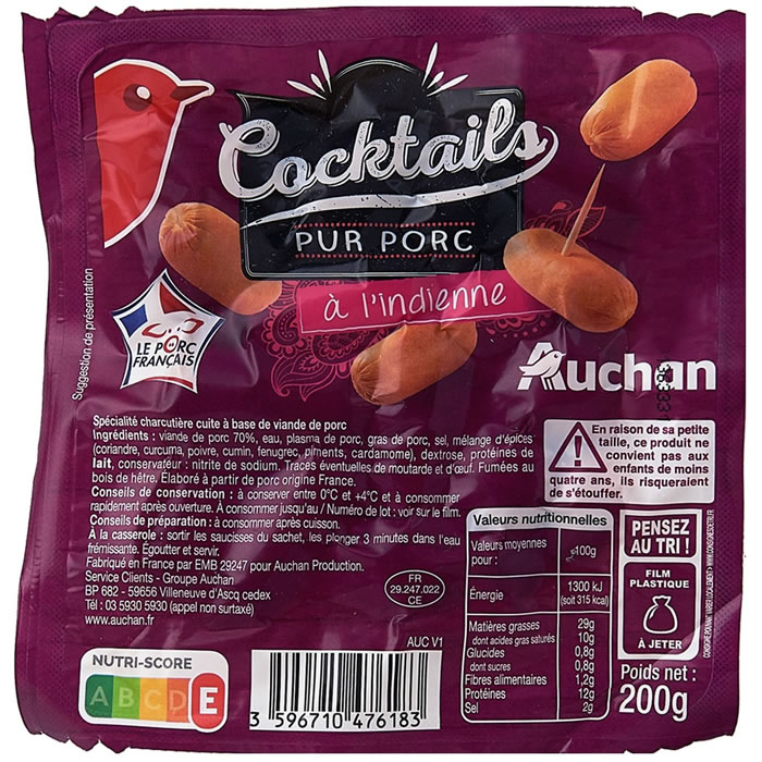 AUCHAN Saucisse cocktail indienne 200g