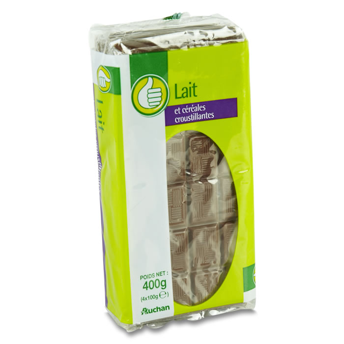 AUCHAN Tablette de chocolat au lait aux céréales croustillantes