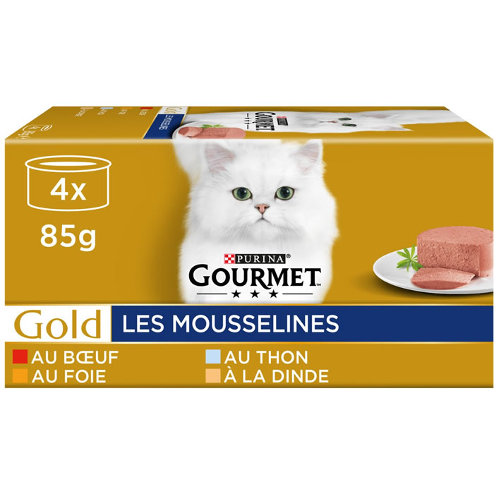 PURINA Gourmet Pâtée en mouse au bœuf, foie, thon et dinde pour chat