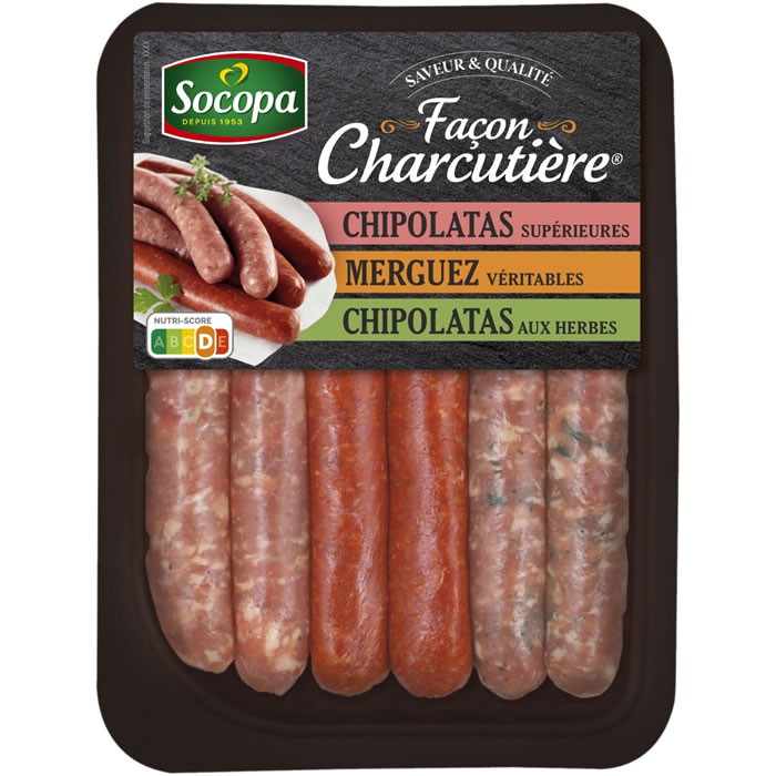 SOCOPA Façon Charcutière Assortiment chipolatas, merguez et chipolatas aux herbes