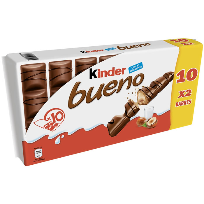 Kinder Barres BUENO au chocolat au lait et à la crème aux noisettes; un  paquet individuel contient 2 barres emballées individuellement - 43 g