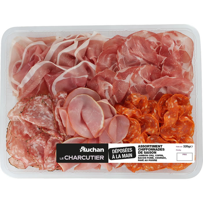 AUCHAN Le Charcutier Plateau de jambon cru, coppa, bacon, chorizo, pavé au poivre