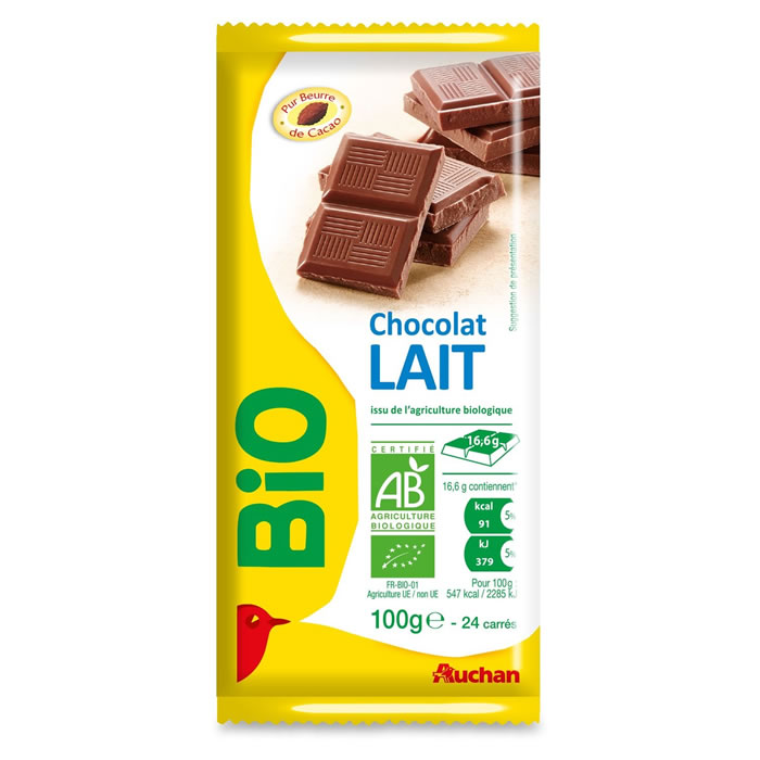 AUCHAN Tablette de chocolat au lait bio