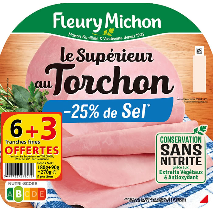 FLEURY MICHON Le Supérieur Jambon cuit torchon -25% de sel sans nitrite
