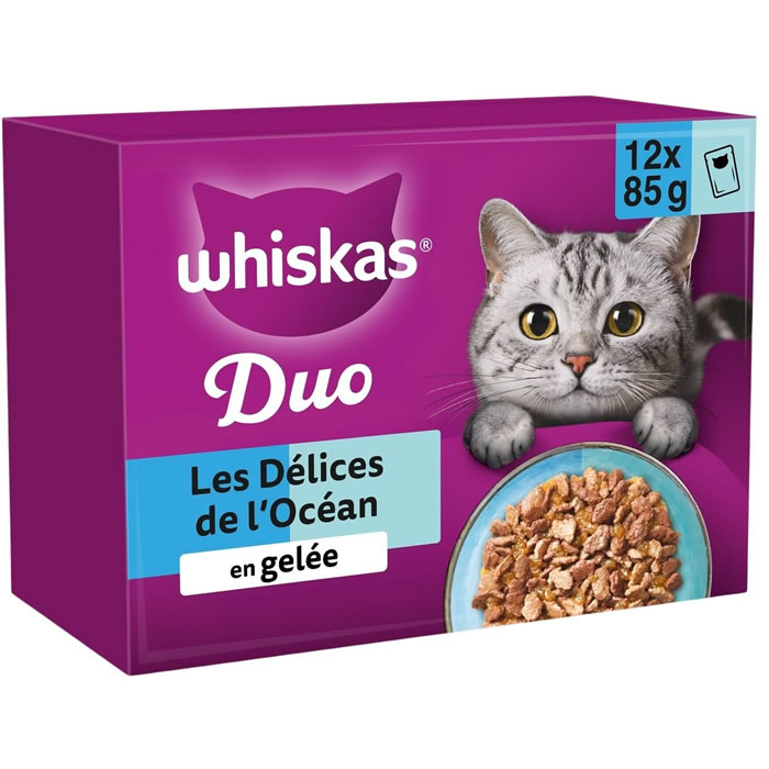 WHISKAS Duo Pâtée gelée saumon, thon, cabillaud, colin pour chat adulte