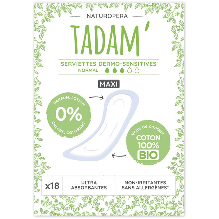 TADAM Dermo-Sensitives Serviettes hygiéniques sans ailettes maxi coton bio normal