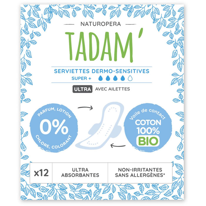 TADAM Dermo-Sensitives Serviettes hygiéniques avec ailettes ultra coton bio super +