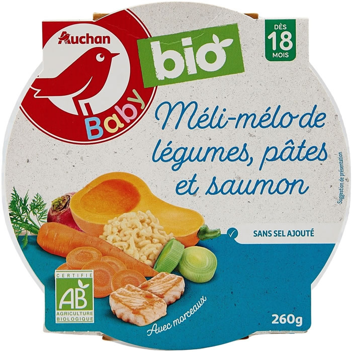 AUCHAN BIO Baby Méli-mélo de légumes, pâtes et saumon bio dès 18 mois