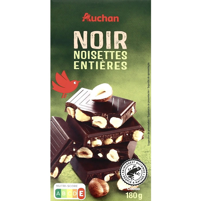 AUCHAN Tablette de chocolat noir aux noisettes entières