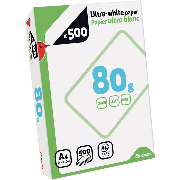 AUCHAN Ramette de papier ultra blanc 500 feuilles A4 80 g