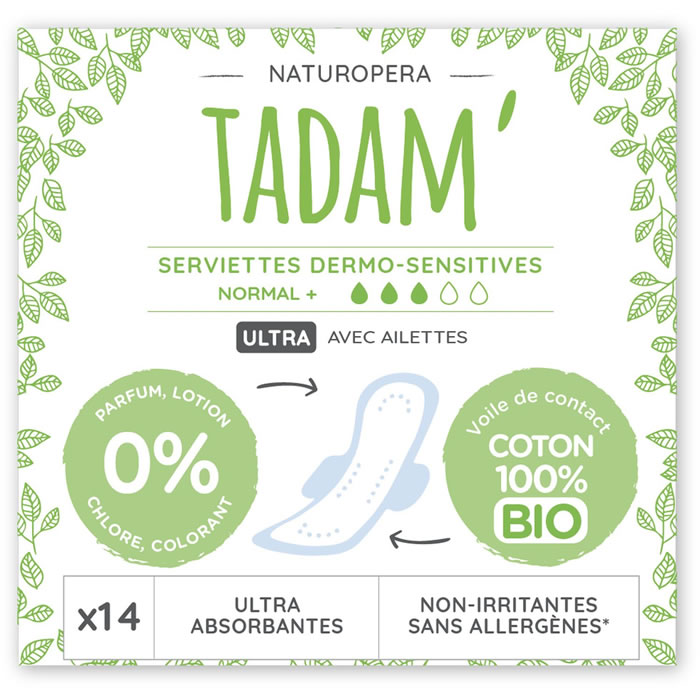 TADAM Dermo-Sensitives Serviettes hygiéniques avec ailettes coton bio normal +